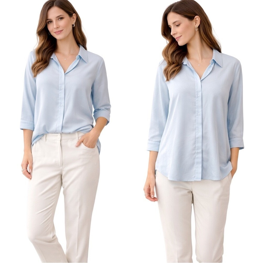 Chico's Women's Collared 3/4 Sleeve Casual Button Down Shirt Top Blue Size Large